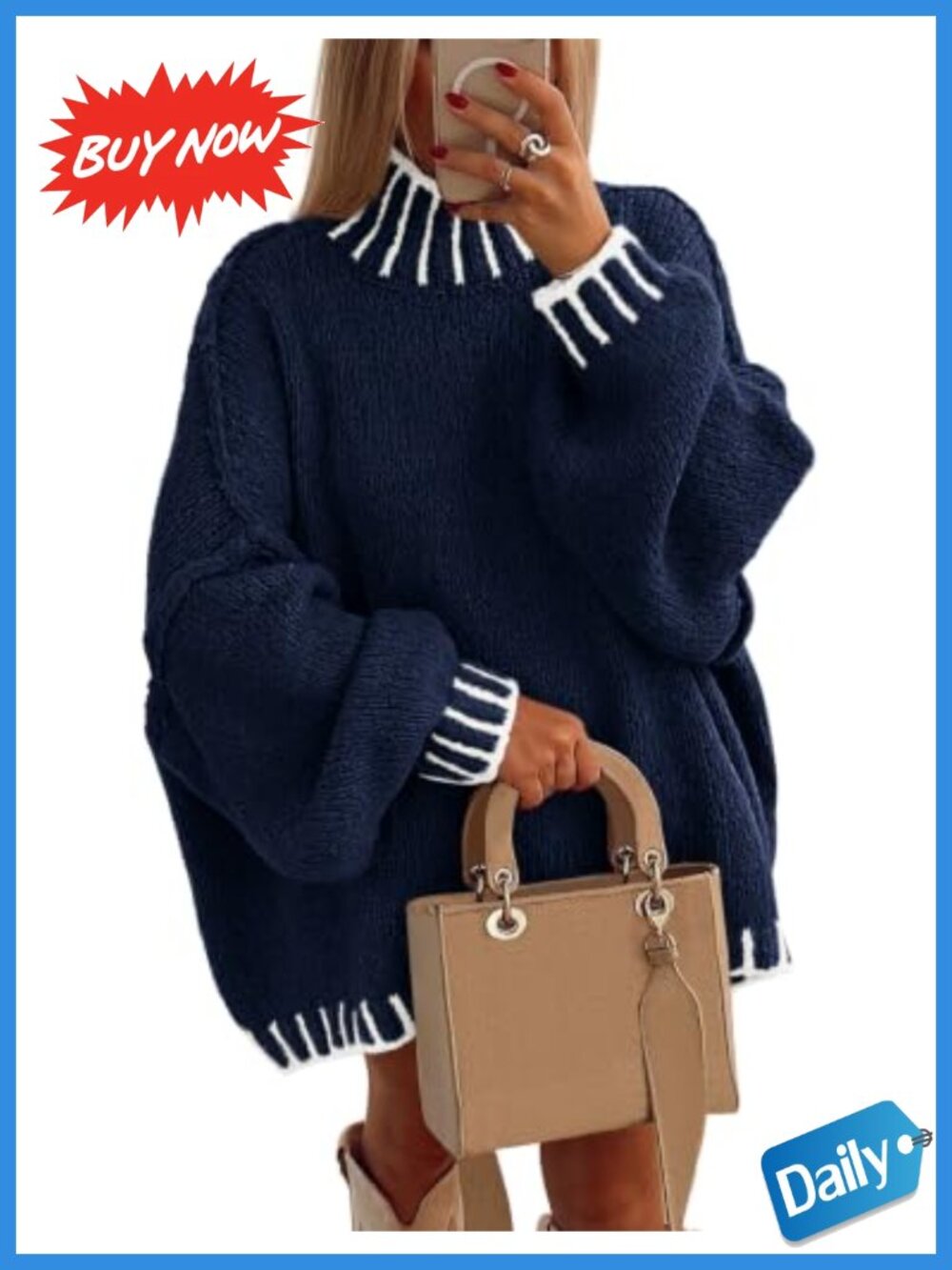 Mock Neck Oversized Pullover Sweater Chunky Knit Tunic